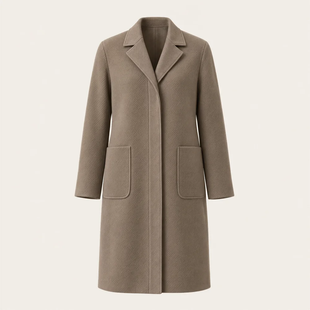 LISIÈRE FW27 Northline coat: a knee-length topcoat in taupe wool
