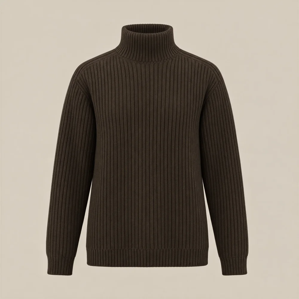 LISIÈRE FW27 Rib funnel: a heavy ribbed funnel-neck knit in umber